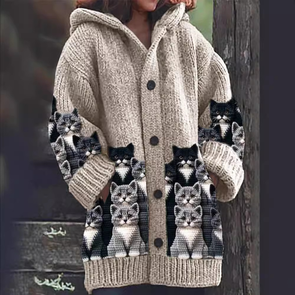 Jasmin | Gemütlicher Strickcardigan mit Katzenmotiv